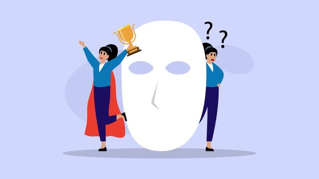 Woman with Imposter Syndrome Hiding Success and Trophy Behind a Mask of Doubt and Confusion cartoon animation