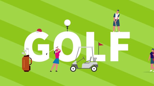 Golf Sports Concept with Characters, Equipment, and Large Typography Text cartoon animation