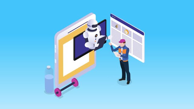 AI Fitness Coach and Personal Trainer Digital Concept:of Robot and Trainer Managing Workout Data via Mobile Tablet App 3d animation cartoon