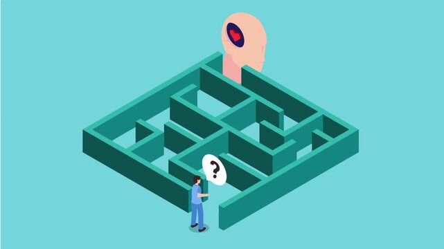 Conceptual of a Man Navigating a Maze Toward Emotional Intelligence and Mental Wellness 3d animation cartoon