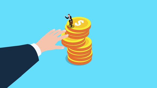 Businessman Standing on Stack of Gold Coins with Reaching Hand 3d animation cartoon
