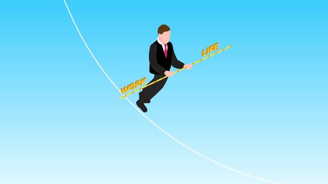 Businessman Balancing Work and Life on a Tightrope High Wire 3d animation cartoon