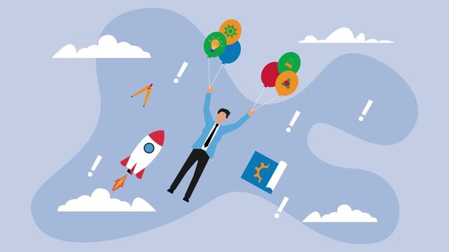 Businessman Flying with Idea Balloons and Rocket Launch cartoon animation