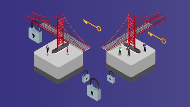 Broken Suspension Bridge with Padlocks and Keys Representing Security Gaps and Solutions 3d animation cartoon