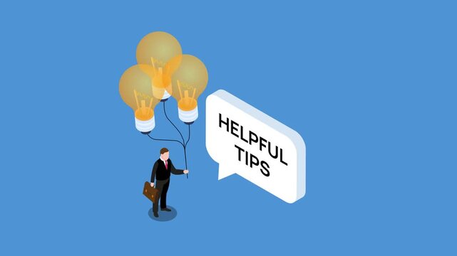 Businessman Holding Lightbulb Balloons with Helpful Tips Speech Bubble for Business Advice and Creative Solutions 3d animation cartoon