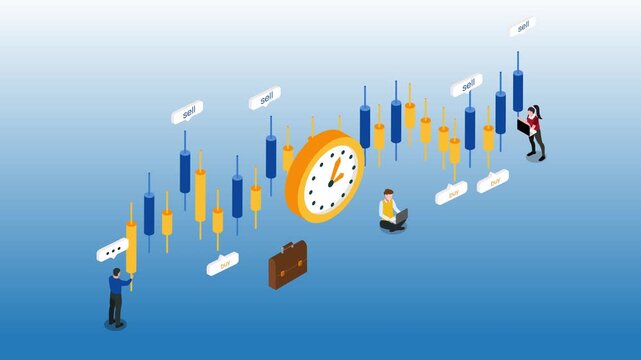 Stock Market Candlestick Charts with Clock and Traders Representing Financial Market Timing and Day Trading 3d animation cartoon