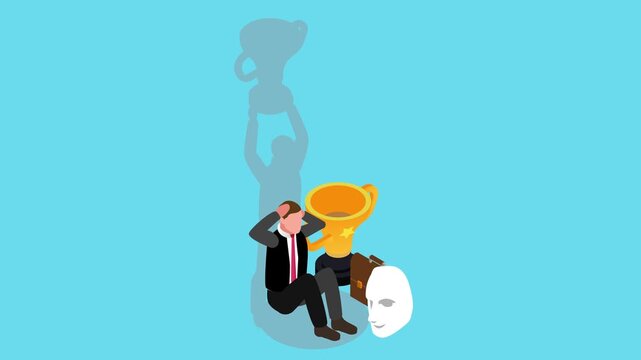 Businessman with Impostor Syndrome Feeling Like a Fraud Despite Success and Winning a Trophy 3d animation cartoon