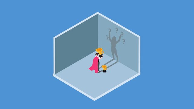 Successful Woman with Cape Facing Imposter Syndrome and Confusion Shadow 3d animation cartoon