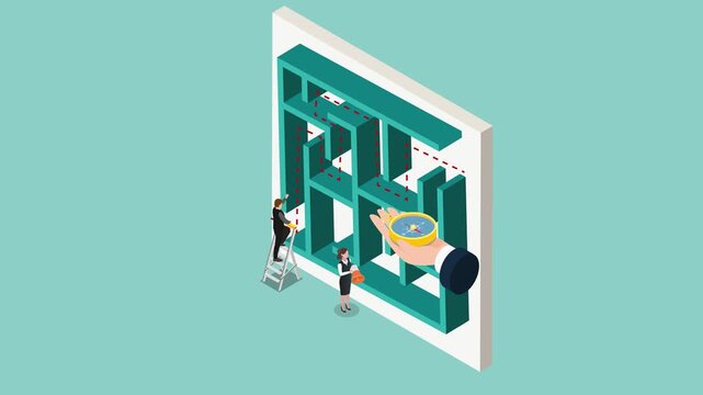 Business Team Navigating Complex Maze with Compass, Ladder, and Megaphone for Strategy and Problem Solving 3d animation cartoon