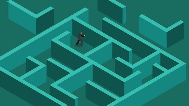 Businessman Lost in a Giant Teal Labyrinth Searching for the Corporate Solution 3d animation cartoon