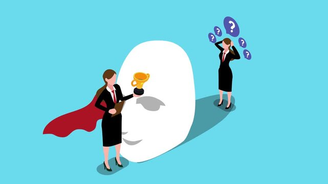 Businesswoman with Imposter Syndrome Facing Large Mask and Self-Doubt 3d animation cartoon