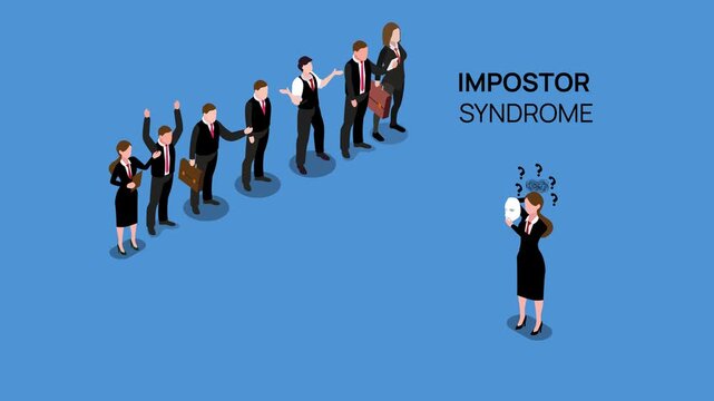 Businesswoman Holding Mask Facing a Group of Successful Professionals Representing Impostor Syndrome and Workplace Anxiety 3d animation cartoon