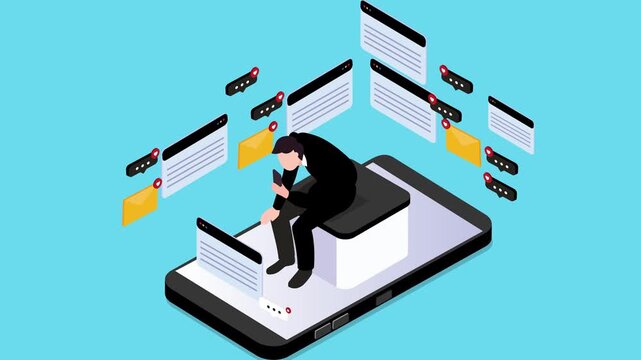 Man Overwhelmed by Social Media Notifications and Digital Information Overload on Smartphone 3d animation cartoon