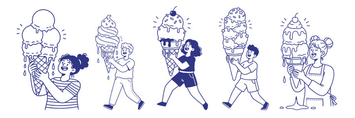 Fototapeta premium Cartoon kids holding giant melting ice cream cones in playful summer illustration set with oversized scoops