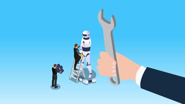 Engineers and Technicians Repairing Humanoid Robot with Large Wrench and Gears 3d animation cartoon