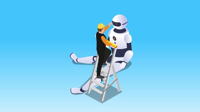 Engineer on Ladder Repairing Giant Robot with Wrench, Human and Artificial Intelligence Collaboration 3d animation cartoon