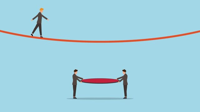 Business risk management and support concept with tightrope walker cartoon animation