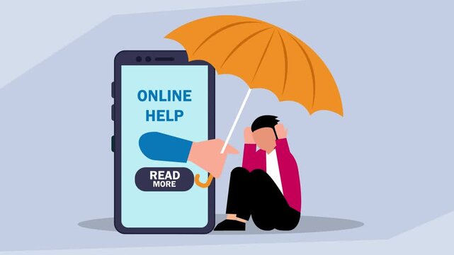 Digital Support Concept: Online Help Providing Protection and Comfort to a Distressed Person cartoon animation