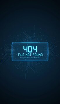 Digital screen showing a 404 file not found error message with a circuit board background, representing technical issues, connectivity problems, website maintenance, or server failures