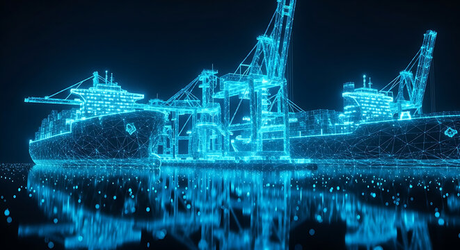 Digital twin of a container ship and port cranes, representing logistics and global trade technology