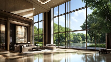 Fototapeta premium Luxurious, spacious lobby with large windows showcasing a park and lake