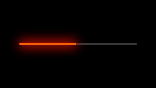 Bright glowing orange horizontal beams loading bars and progress indicators on black background, showing filled status for data transfer, buffering, download, and web technology interface 4k design.