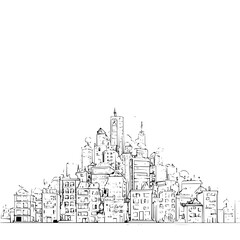 Fototapeta premium City skyline with tall buildings and skyscrapers in a black line art style on white background for urban concepts