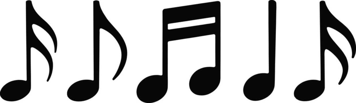 Black silhouettes of various musical notes on a white background Keywords: music, musical notes, eighth note, sixteenth note