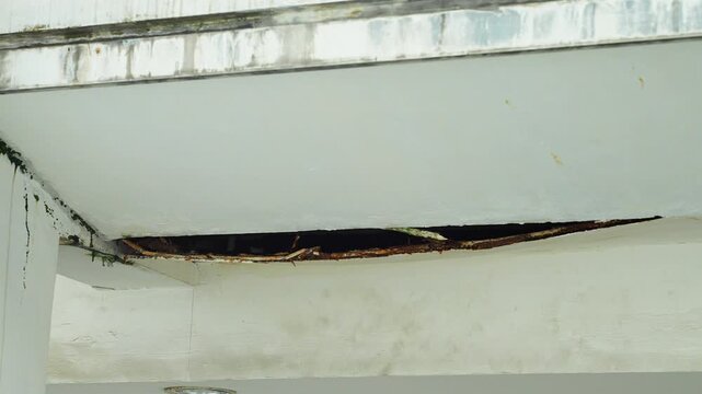 Severe Concrete Spalling and Corroded Rebar Exposed on Building Exterior Ceiling