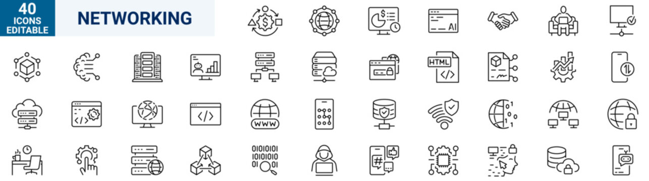 Modern networking line icons set designed for digital connectivity, network infrastructure and communication systems. Clean outline icons with editable stroke, perfect for cloud platforms, IT infrastr