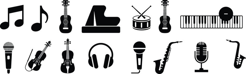 Collection of black musical instrument and audio icons on white background Keywords: music, instrument, audio, icon, symbol © Mst Anjuara