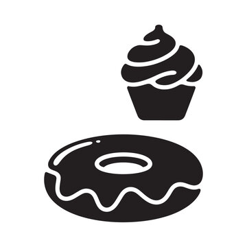 A simple black and white illustration of a cupcake and donut