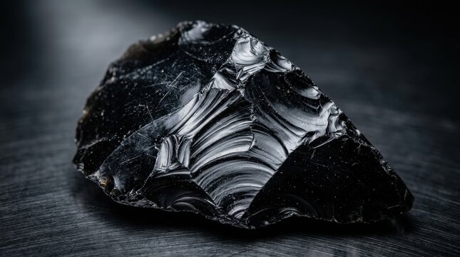 Close-up view of a dark, glassy obsidian fragment showcasing intricate conchoidal fracture patterns