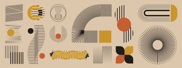 Plakat Mid century modern geometric abstract line element vector set with black stripes circles arches and optical shapes. Minimalist design for poster, branding, logo, print and background.