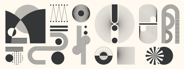 Obraz premium Mid century modern geometric abstract line element vector set with black stripes circles arches and optical shapes. Minimalist design for poster, branding, logo, print and background.