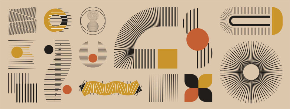 Mid century modern geometric abstract line element vector set with black stripes circles arches and optical shapes. Minimalist design for poster, branding, logo, print and background.