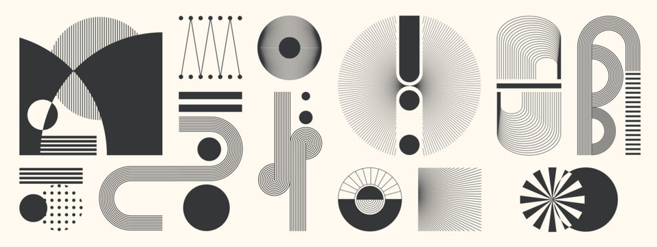 Mid century modern geometric abstract line element vector set with black stripes circles arches and optical shapes. Minimalist design for poster, branding, logo, print and background.