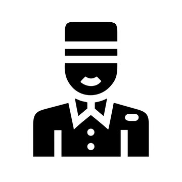Black and white illustration of a bellboy in uniform isolated on white background, Vector