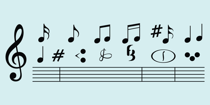 Collection of musical notes and symbols on a light blue background Keywords: music, musical notes, treble clef, eighth note