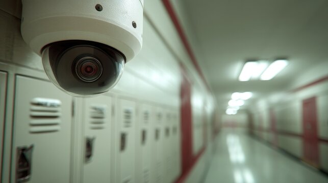 Security camera monitoring hallway in educational institution with lockers and fluorescent lighting highlighting importance of safety and surveillance in schools