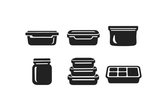 Collection of various food storage containers and jars in a simple icon style