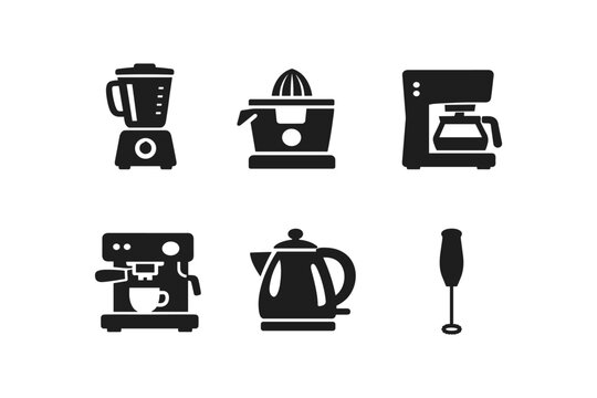 Collection of kitchen appliance icons including blender, juicer, coffee maker, espresso machine, kettle, and blender