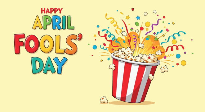 Happy april fools day text with exploding popcorn bucket illustration