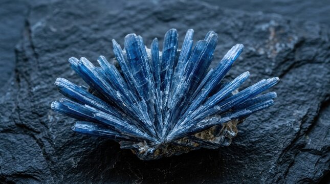 Stunning Kyanite Crystal Formation with Vibrant Blue Blades on Dark Rocky Surface
