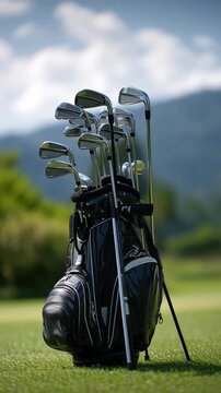 Set of golf clubs in a golf bag standing on a green field with blurred mountain background.