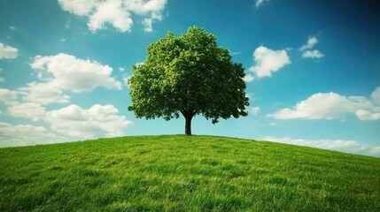 Single tree on grassy hill under a partly cloudy sky