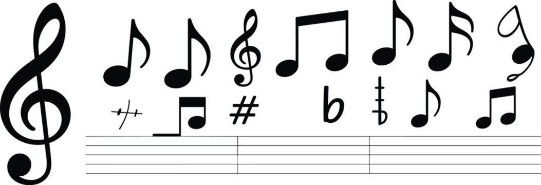 Musical notation elements with treble clef, accidentals, and notes on staff Keywords: music, note, musical note, symbol, clef