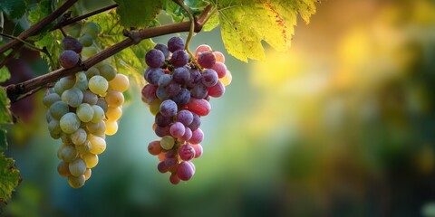 Close-up white grape cluster hanging on blurred green vineyards background. Grape farm. Plantation of grown fruits for juice, wine production. Ripe grape vine bunch on branch. Juicy fresh big Vitis.
