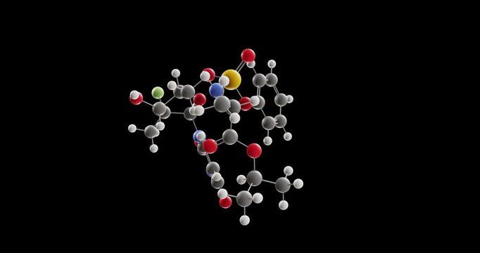 Sofosbuvir molecule, rotating 3D model of antiviral medication, looped video on a black background
