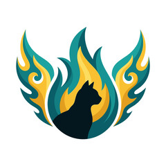 Naklejka premium Mystical Cat Silhouette Rising Through Teal and Gold Flames